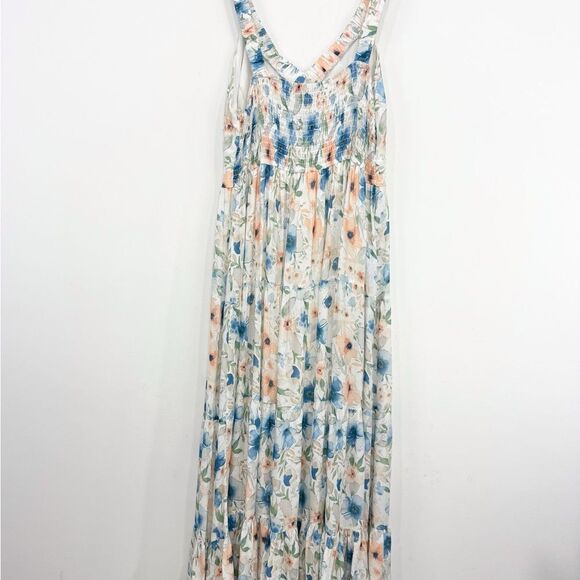 Penelope Rose White Blue Peach Floral V Neck Tiered Maxi Tank Dress NEW - Picture 7 of 16